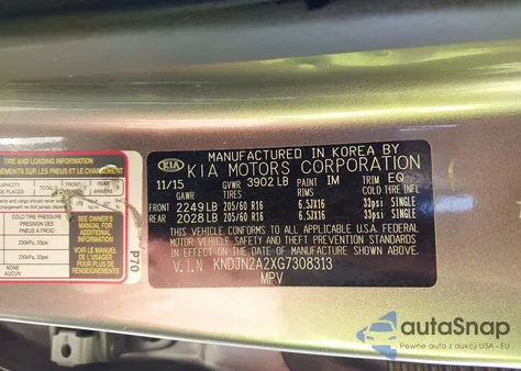 2016 Kia Soul из США, поврежденный, VIN KNDJN2A2XG7308313